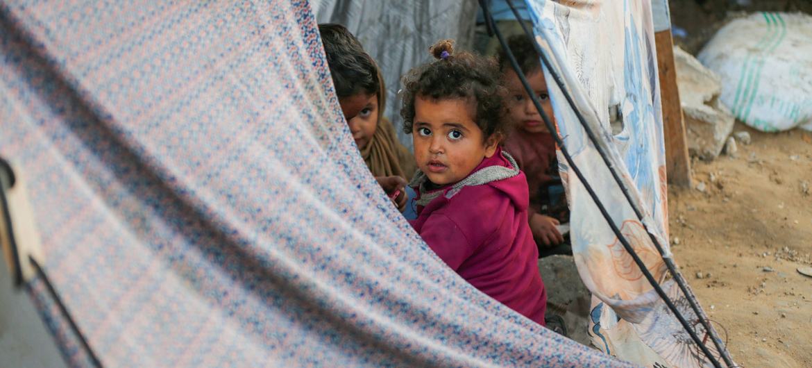 أطفال يطلون من داخل ملجأ مؤقت في غزة.