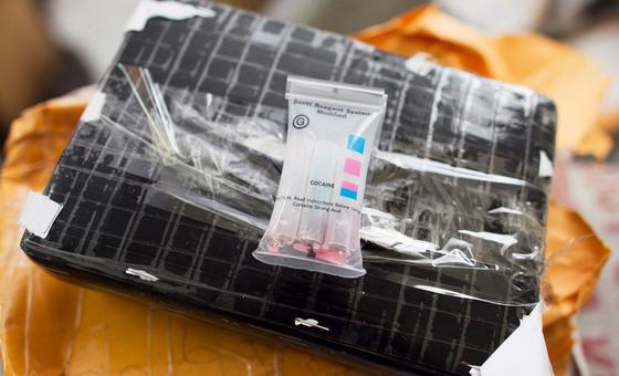 海地缴获的可卡因物证被集中陈列展示（资料图片）。