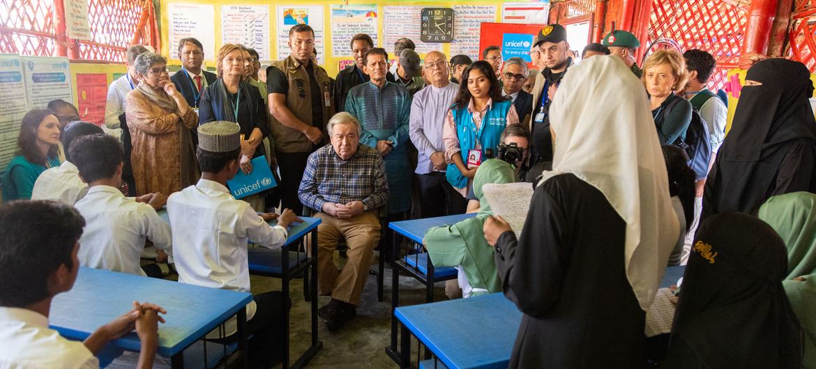 UN Secretary-General António Guterres meets Rohingya refugee students at Cox's Bazar in Bangladesh.