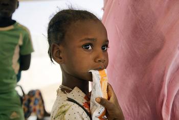 मॉरितानिया में एक स्वास्थ्य केन्द्र पर एक बच्ची, कुपोषण से बचने के लिये, संवर्धित दलिया खाते हुए.