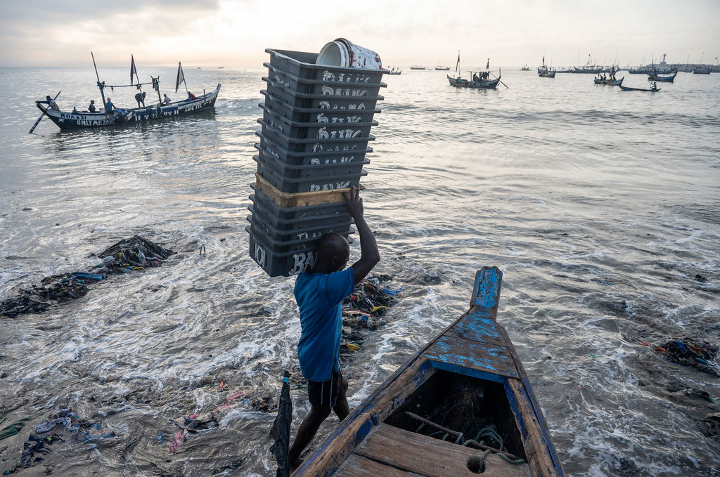 Au Ghana, un pêcheur ramasse ses prises du matin.