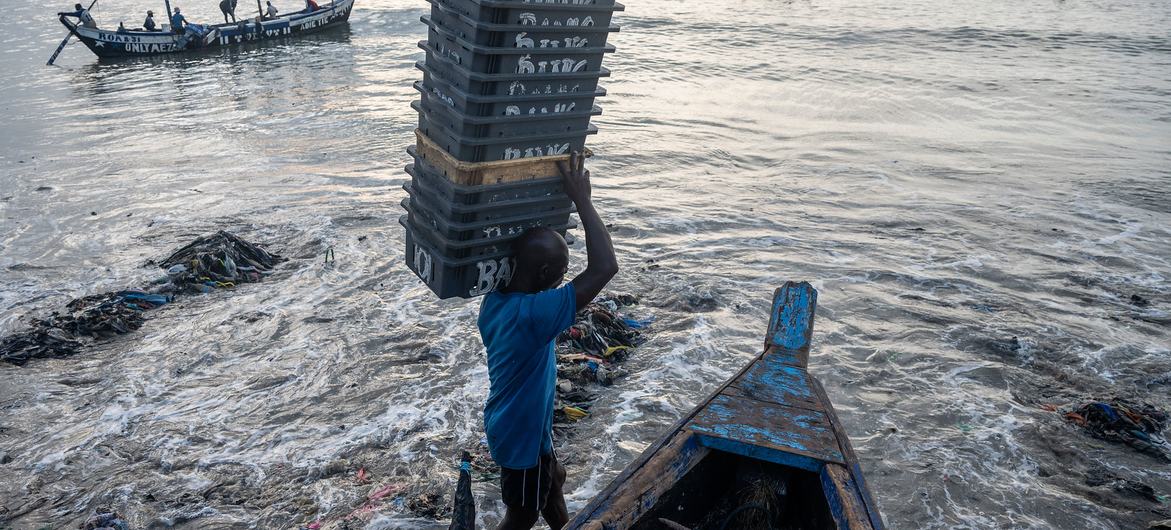 Um pescador em Gana coleta o pescado da manhã