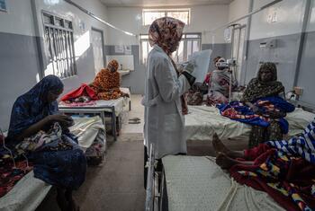 MSF nurse Maha stands in a maternity ward in Tawila, North Darfur, Sudan, reviewing patient records while surrounded by displaced mothers and newborns on hospital beds. The photo captures the healthcare challenges in the Darfur displacement crisis.
