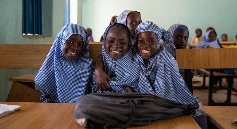 Students at a primary school in eastern Nigeria prepare for the start of class.