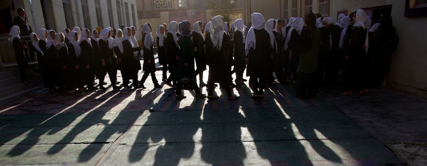 Afghan female students participate in a theatre performance at a school in Herat, eastern Afghanistan (file)