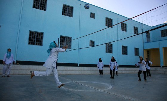 Girls play   volleyball astatine  a schoolhouse  successful  Herat, Afghanistan, successful  2016.