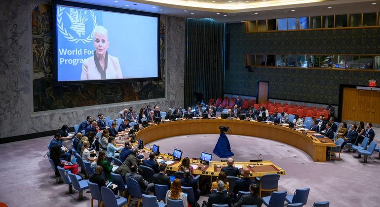 Cindy McCain (sur l'écran), Directrice exécutive du Programme alimentaire mondial, s'adresse au Conseil de sécurité.