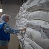 A UN worker checks food supplies in a warehouse in Nuseirat, Gaza.