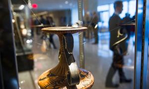 An artifact is displayed at an exhibition at UN Headquarters focused on protecting cultural heritage.