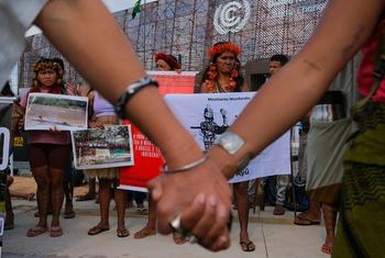 Munduruku Indigenous Peoples protest at the UN Climate Conference in Belém, Brazil. 