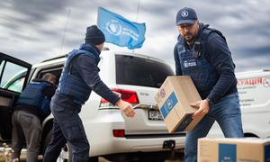 Emergency food supplies are distributed in Kryvorizhzhia, in the Donetsk region of Ukraine. 
