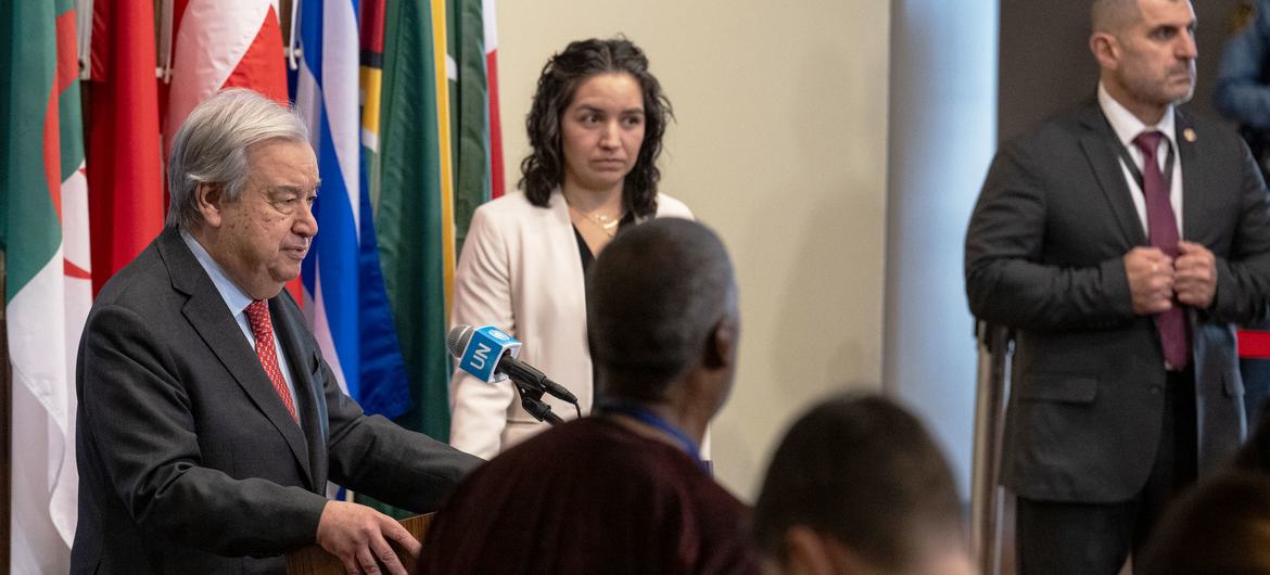 UN Secretary-General António Guterres (left) addresses the media at UN Headquarters after a ceasefire is announced in Gaza.