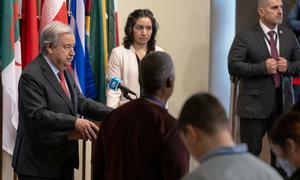 UN Secretary-General António Guterres (left) addresses the media at UN Headquarters after a ceasefire is announced in Gaza.