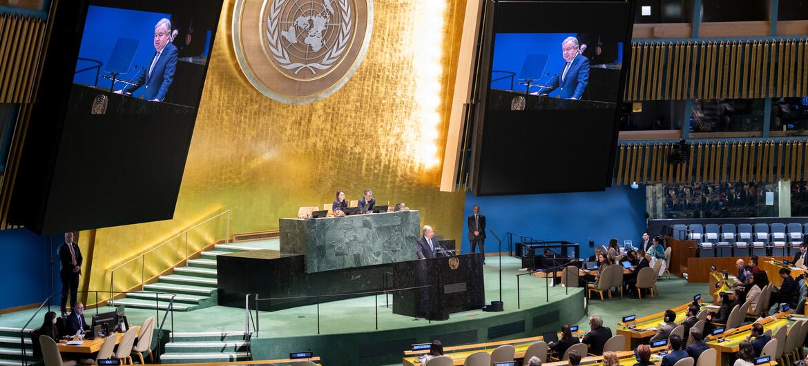 UN Secretary-General António Guterres delivers a speech at the United Nations General Assembly, addressing the assembly on the work of the organization and his priorities for 2026.