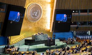 UN Secretary-General António Guterres delivers a speech at the United Nations General Assembly, addressing the assembly on the work of the organization and his priorities for 2026.