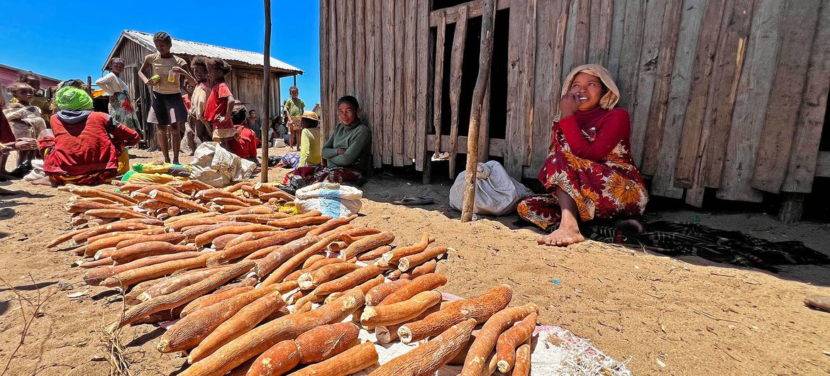 Uma mulher vende produtos na aldeia de Zanavo Fagnalenga