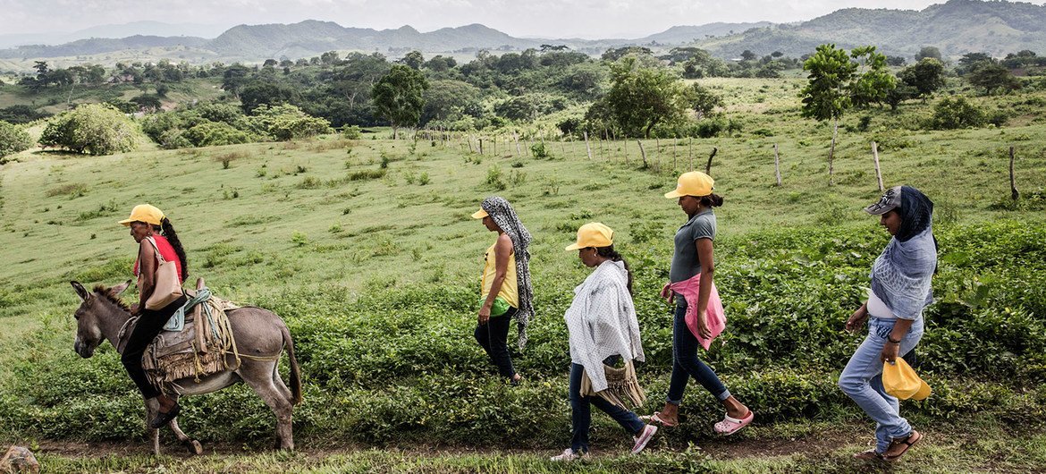 Campensinas en su camino a un curso sobre promoción de la integración, la reconciliación y cómo compartir los recursos en la localidad colombiana de Morroa.