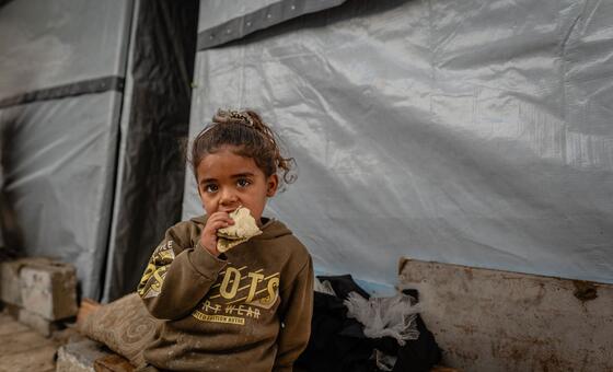 فتاة فلسطينية صغيرة في غزة تأكل قطعة خبز.