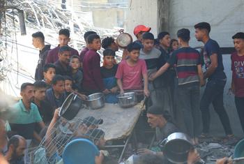Des enfants attendent de la nourriture dans une cuisine communautaire à Gaza (photo d'archive).