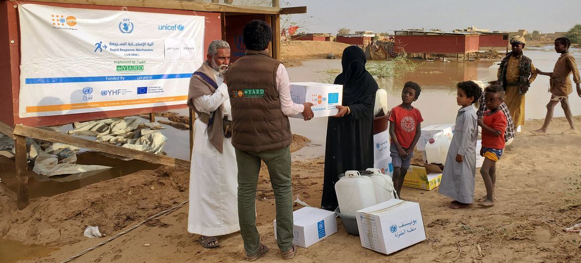 Vital relief aid is distributed in Al Hazm in Al Jawf Governorate, Yemen following deadly floods.