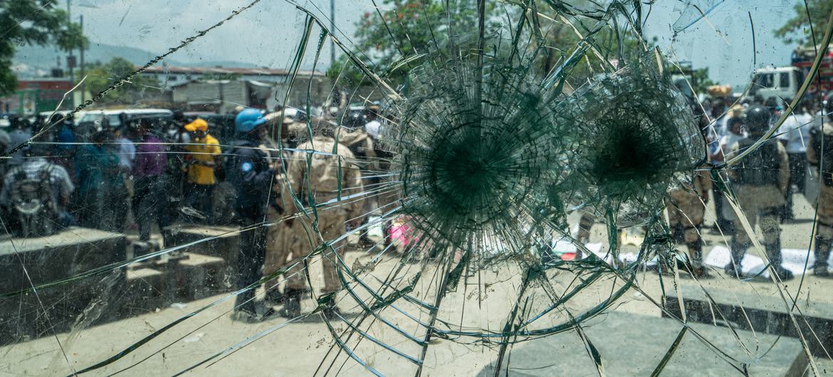 A view of a protest from a Haitian National Police vehicle in downtown Port-au-Prince.