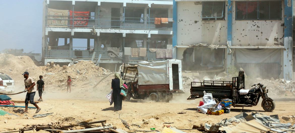 A school in Gaza which is being used as a shelter shows the signs of serious bomb damage.