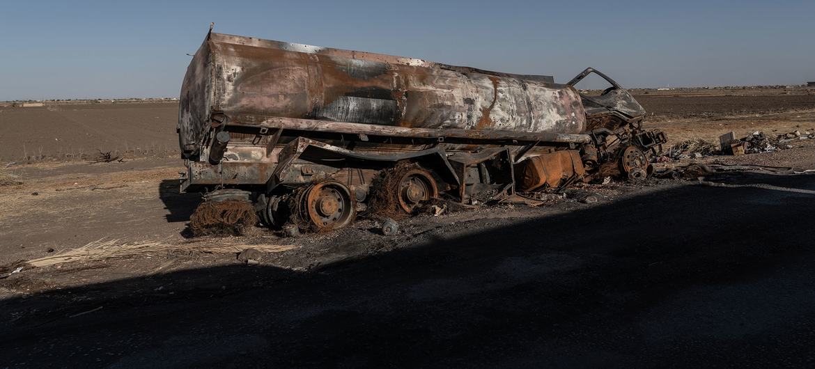A burned out oil tanker on the road to Khartoum, Sudan. (file)