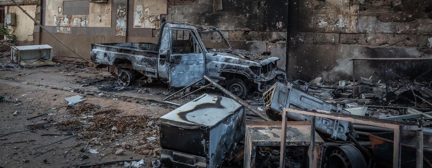 Destroyed vehicles outside Fedal Hospital in Khartoum, Sudan.