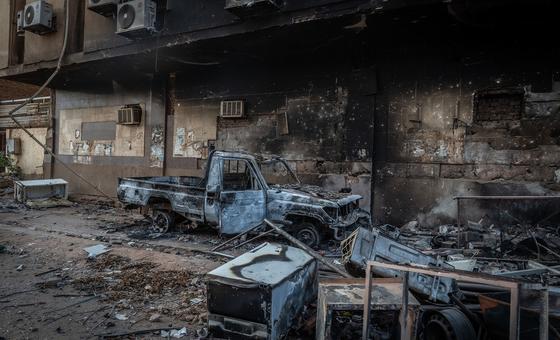 Destroyed vehicles outside Fedal Hospital in Khartoum, Sudan.