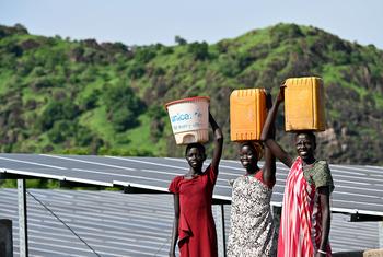 Girls walking home after fetching water, in Itang Woreda, in the Gambela region of Ethiopia..
