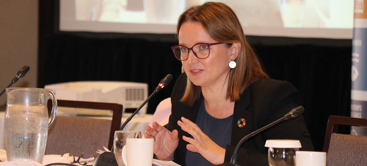 Joanna Kazana, the UN Resident Coordinator for Trinidad and Tobago, Aruba, Curacao, and Sint Maarten addresses the SDG Roundtable Discussion.
