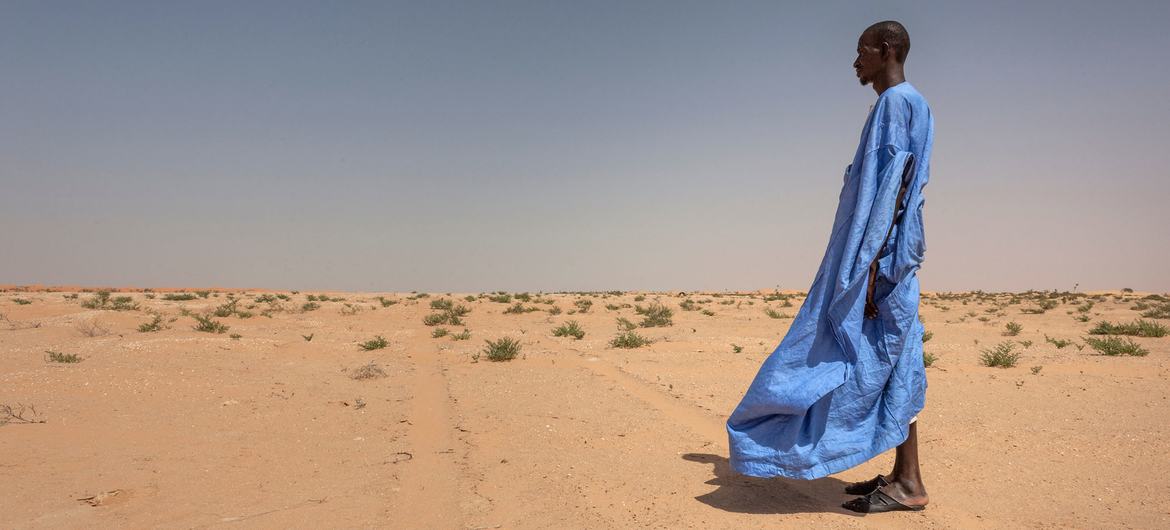 A man looks across a desert in Mauritania.