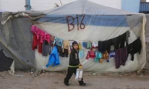 A young boy passes by a shelter on the way to collect water.