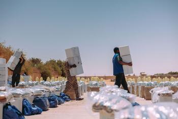 Workers carrying aid boxes in a desert setting, part of IOM's 2026 crisis response plans to assist 22 million people across 32 countries.