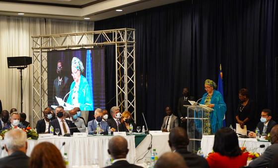The UN Deputy Secretary-General, Amina Mohammed addresses an event supporting reconstruction and recovery in Haiti.
