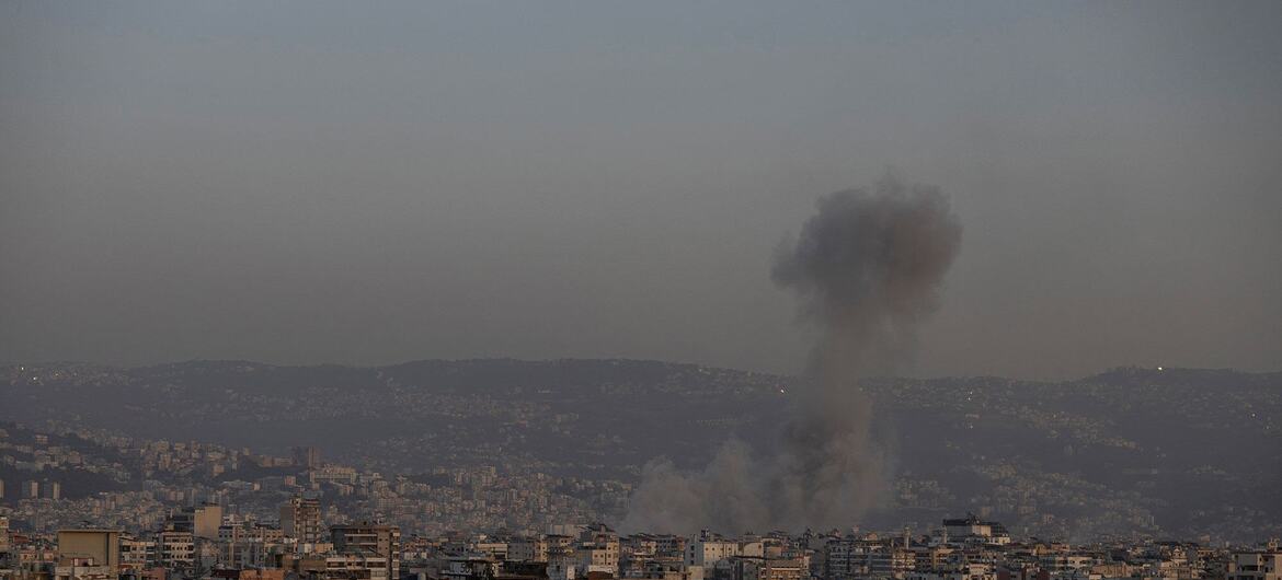 Smoke rises from a building in the Dahieh neighborhood of Beirut, Lebanon, after a bombing on March 12, 2026.