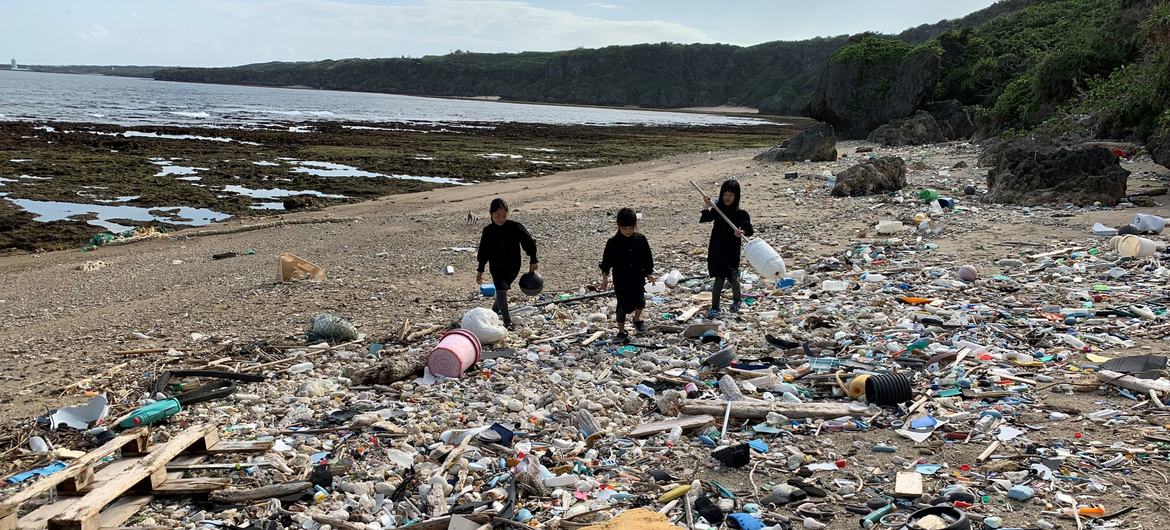 Okinoerabu Islanders collect trash on the beach.