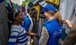 Amy Pope, Director General of the International Organization for Migration meets displaced people in Port-au-Prince, Haiti.