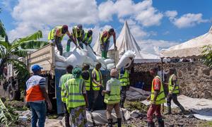 Food assistance is delivered to displaced people in Goma in the eastern Democratic Republic of the Congo.