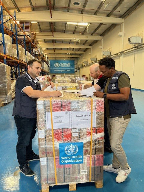 Supplies dispatched from the WHO Logistics Hub in Dubai, UAE, to El Arish Airport in Egypt. 