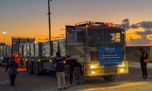 A truck carrying aid passes through the Kerem Shalom crossing into Gaza.