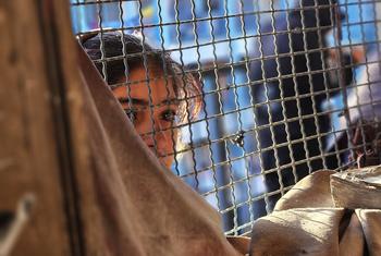 Une jeune fille regarde à travers une fenêtre à Khan Younis, Gaza.