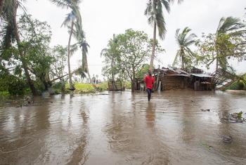 Um homem caminha pela sua aldeia no distrito de Nicoadala, Moçambique, que foi inundada em consequência do ciclone Freddy