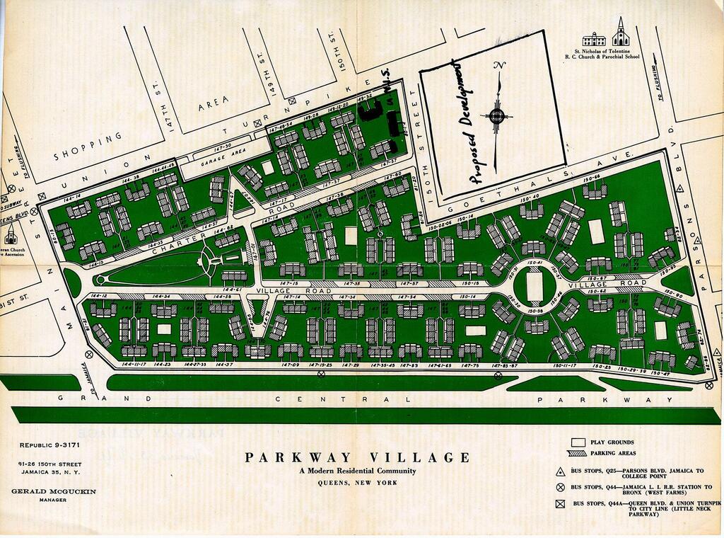 A vintage blueprint map of Parkway Village, a modern residential community in Queens, New York. The map details the layout of streets, housing plots, green spaces, play grounds, and parking areas. It also indicates nearby amenities like a shopping area and a church, as well as bus stop locations.