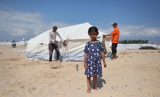 一个女孩在玩耍，而她的家人正在加沙地带南部拉法的营地架设一个新帐篷。