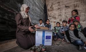 A family in Gaza receives a box of food. (file)