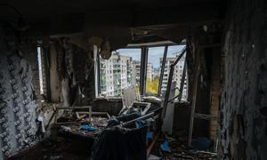 A building in Kupiansk, Ukraine, lies in ruins following air strikes.