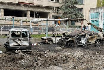 The aftermath of a strike in Dnipro, Ukraine, in April 2025.