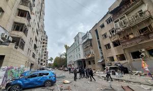 Residents access the damage following attacks in the city center of Kharkiv, Ukraine. (file)