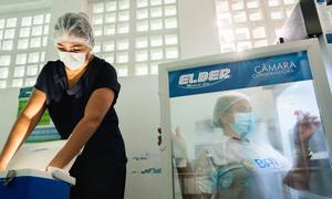 Nurses at a health centre in Baturité, Ceará state, Brazil pack COVID vaccines for distribution. (file)